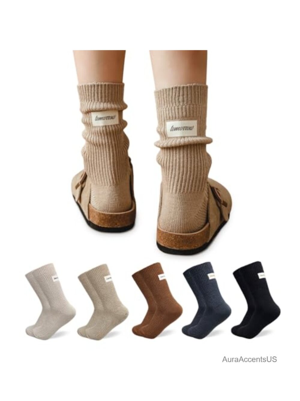 Ribbed Crew Socks Cotton Blend Slouch Women 5 Pair